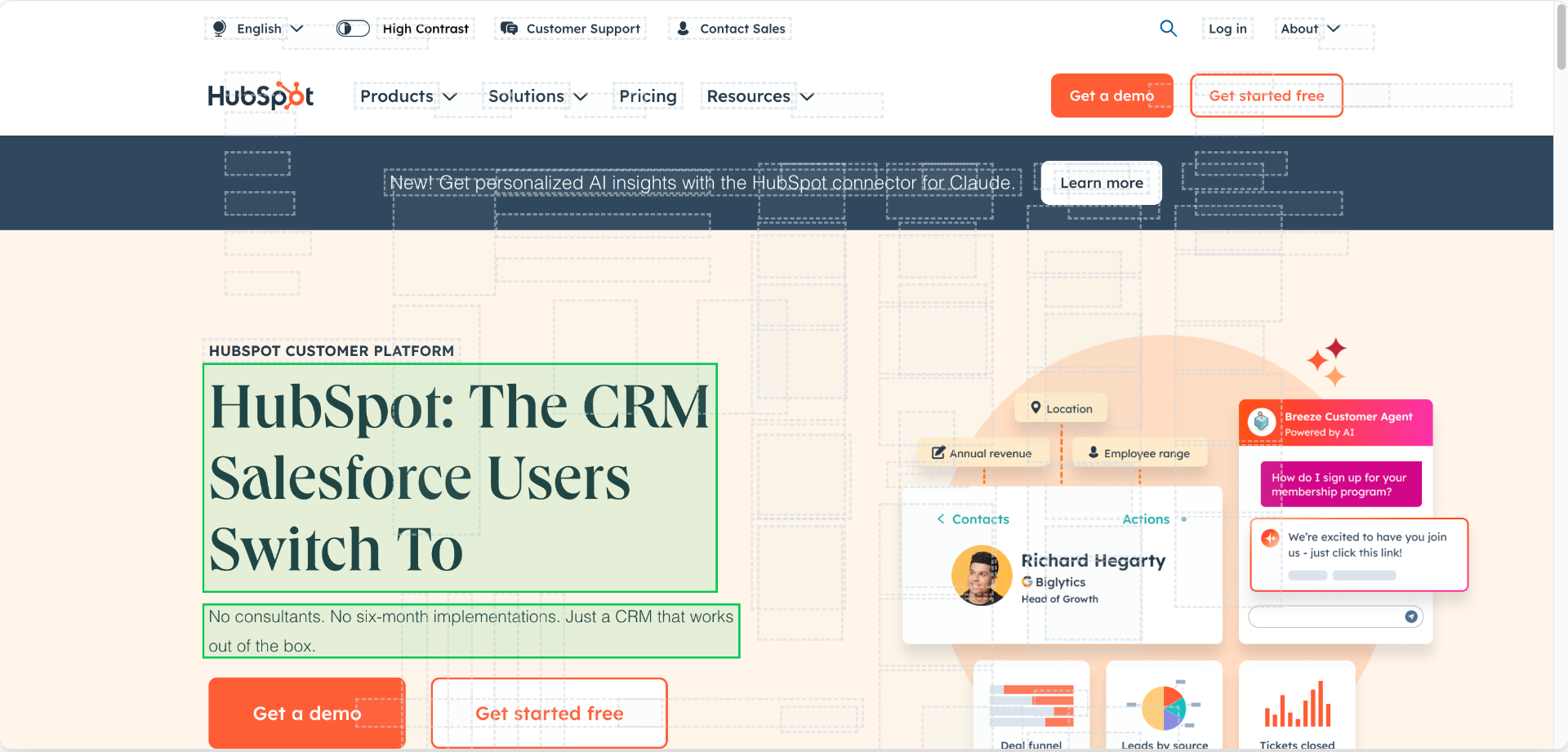 Personalized HubSpot page with headline 'HubSpot: The CRM Salesforce Users Switch To'